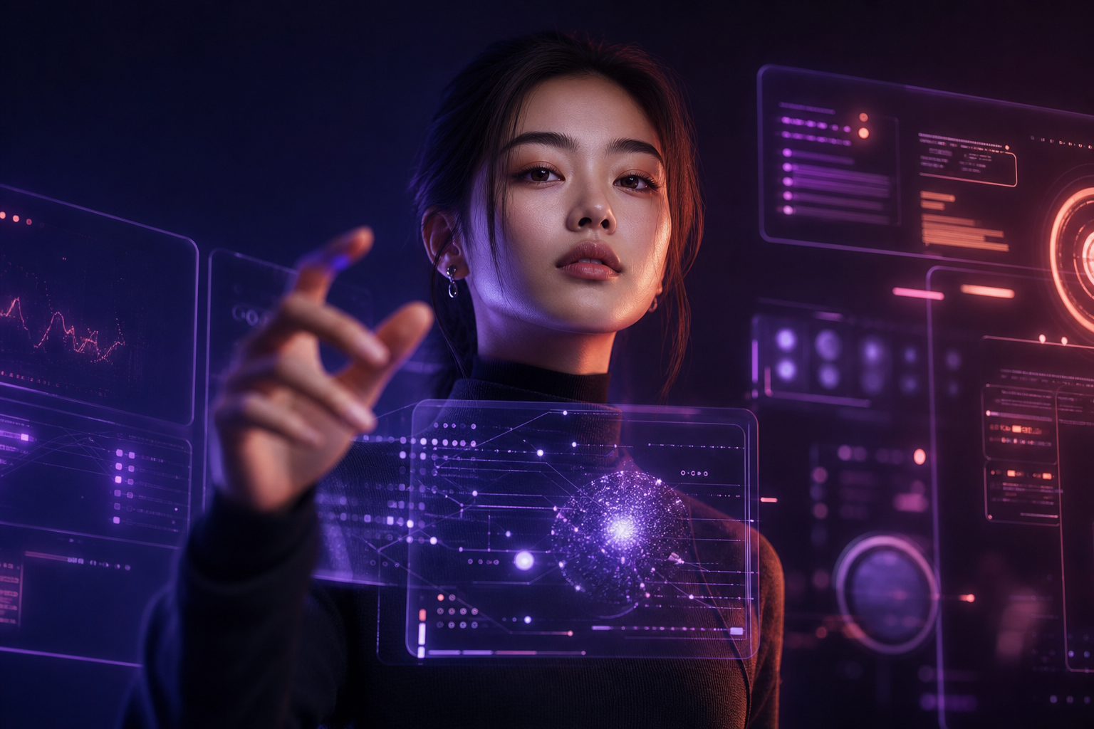 Person interacting with glowing AI interface
