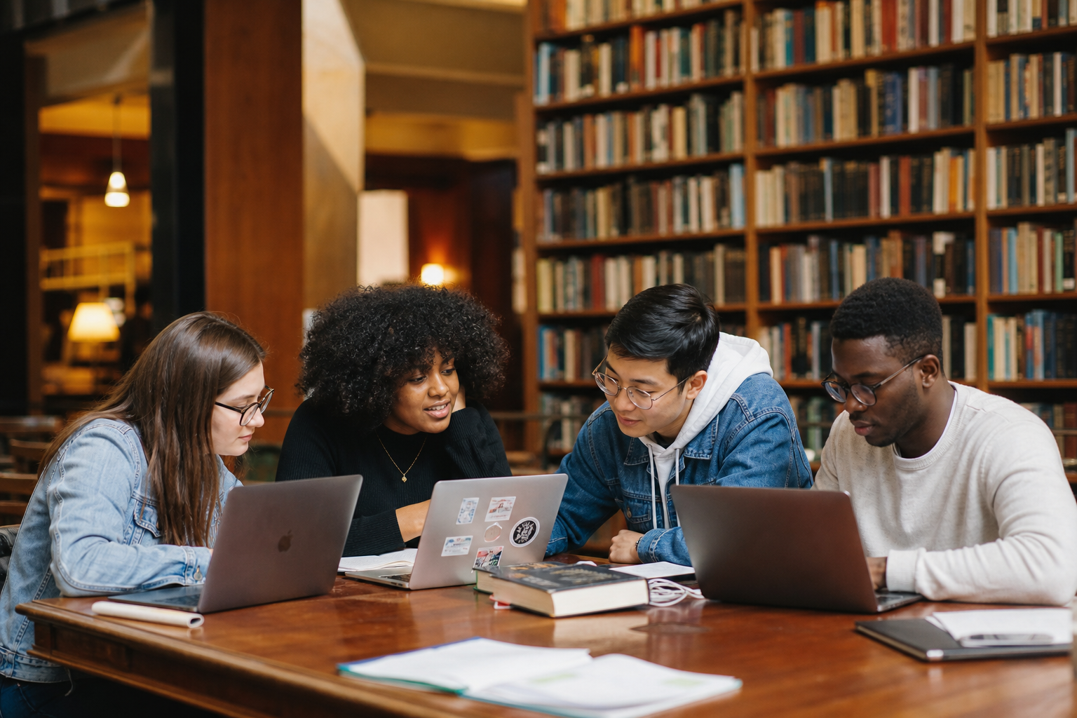 Students studying with laptops in a library