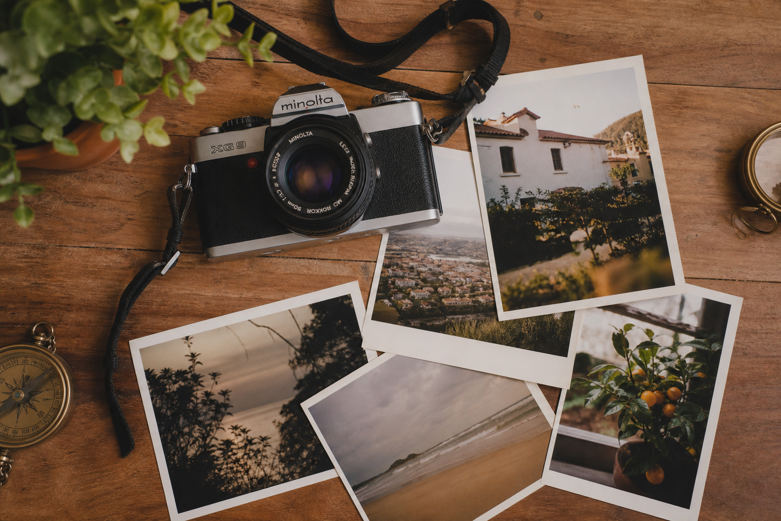 Camera and photographs spread on a table
