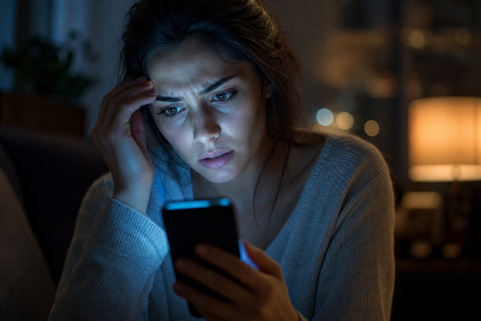 Person concerned while looking at phone